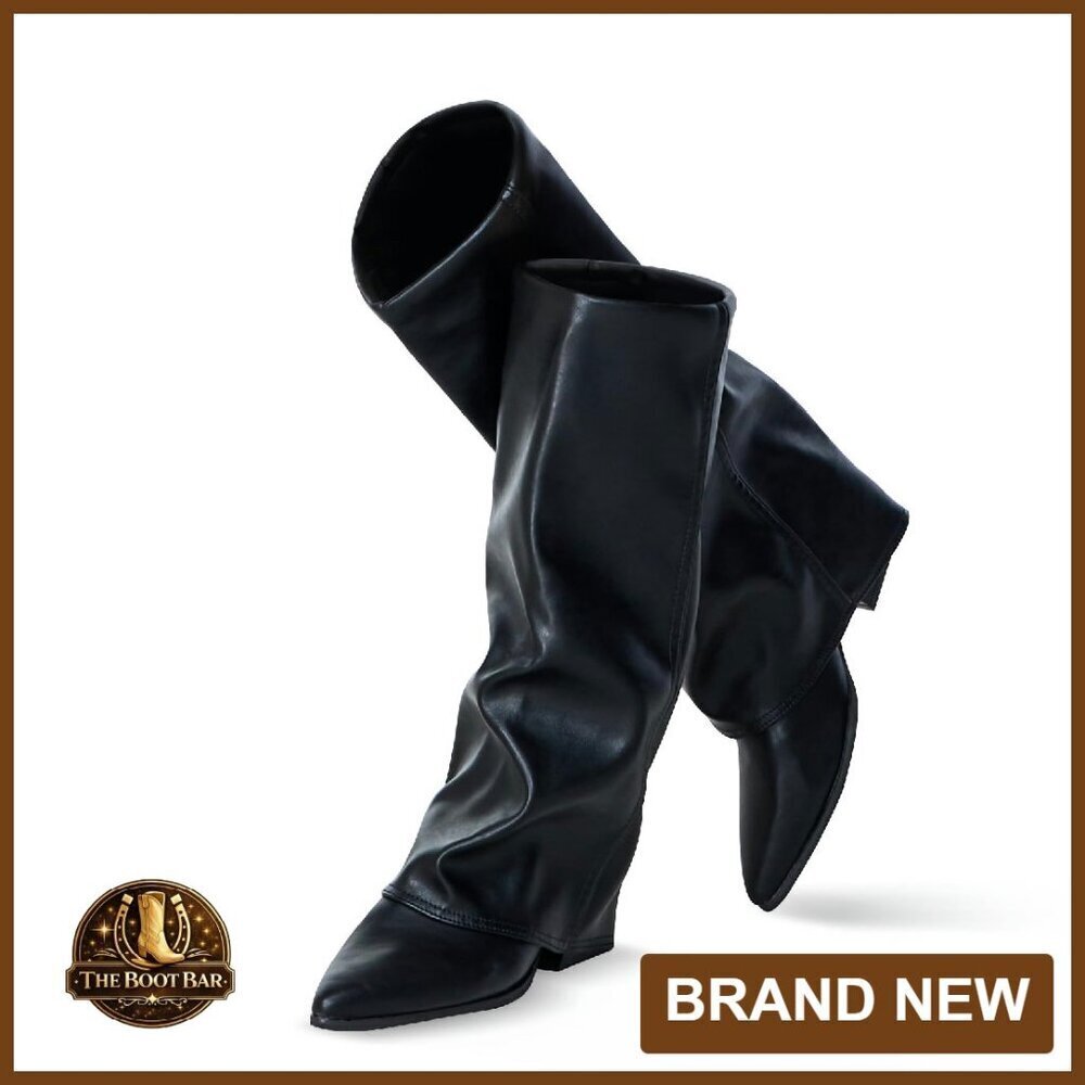 Knee High Fold Over Shark Boots Pointed Toe Block Heels Wide Calf Faux Leather